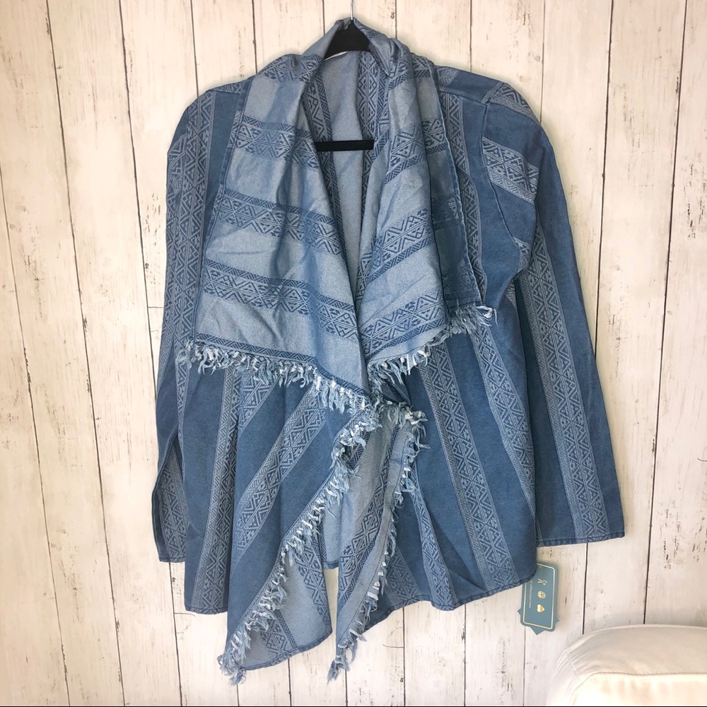 Boutique Military Hippie Blue‎ Denim Open Frayed Cardigan Large XL - Picture 2 of 6
